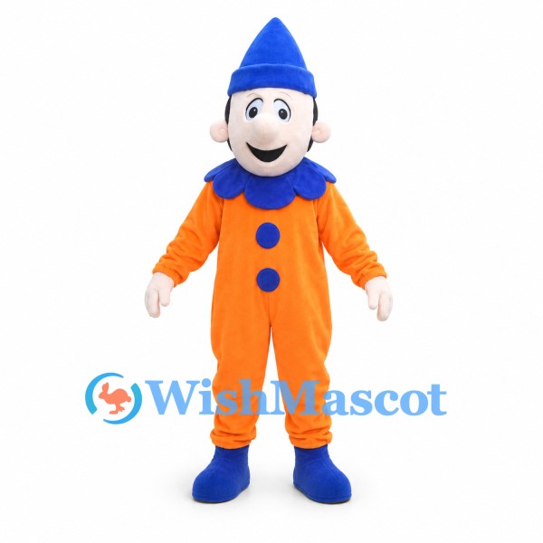 Clown Mascot Costume with Orange Suit and Blue Cone Hat