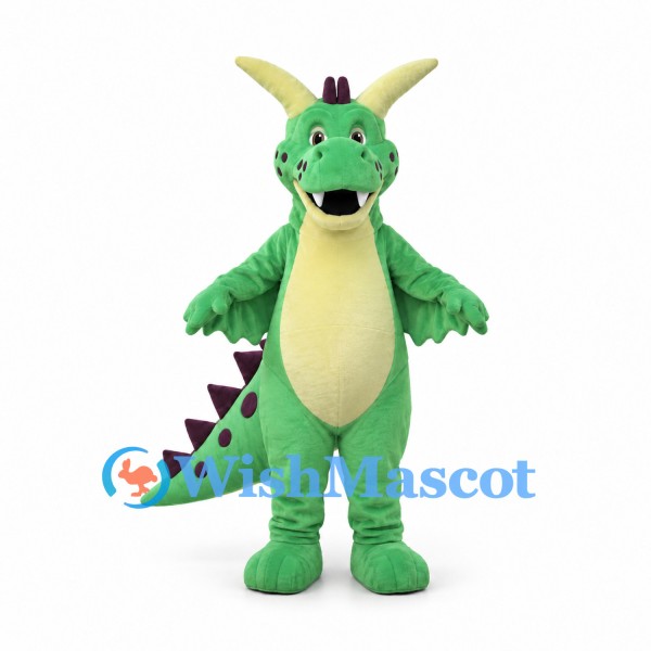 Dragon Mascot Costume in Green with Purple Spines and Yellow Horns