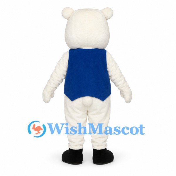 Polar Bear Mascot Costume with Blue Vest and Bow Tie