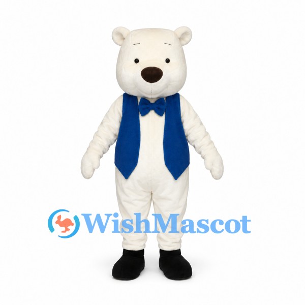 Polar Bear Mascot Costume with Blue Vest and Bow Tie