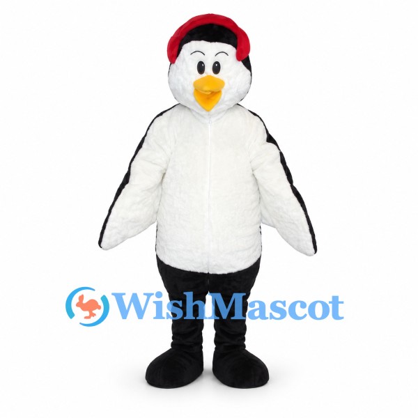 Penguin Mascot Costume with Red Earmuffs and White Belly