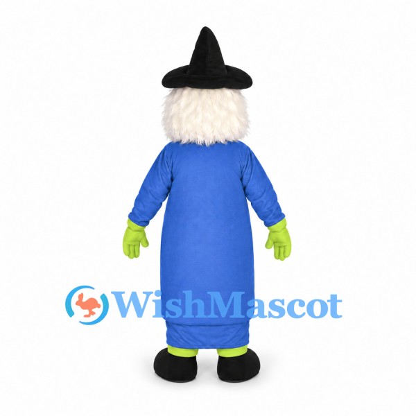 Witch Mascot Costume with Green Face and Blue Dress
