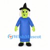 Witch Mascot Costume with Green Face and Blue Dress