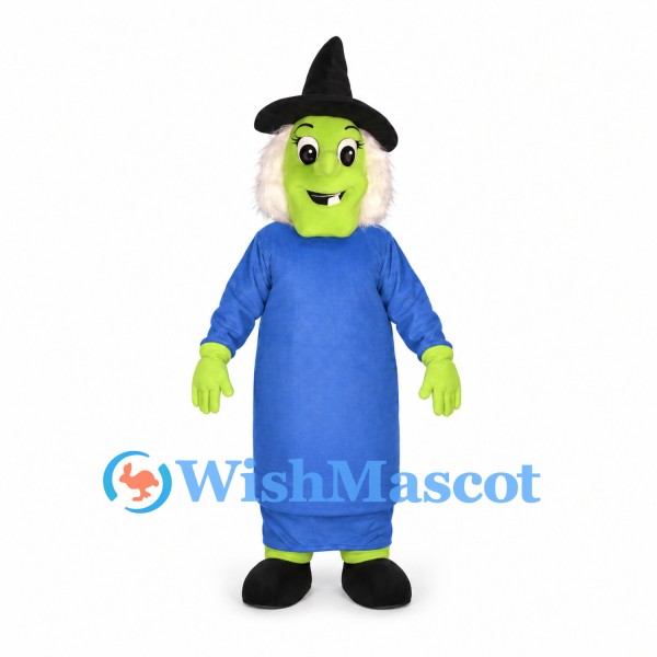 Witch Mascot Costume with Green Face and Blue Dress