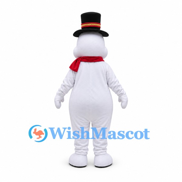 Snowman Mascot Costume with Black Top Hat and Red Bow