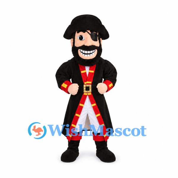Pirate Captain Mascot Costume with Black Coat and Red Trim