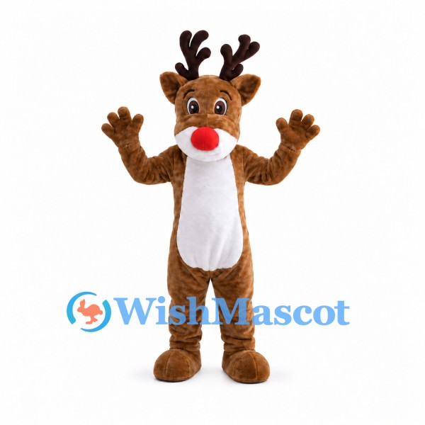 Reindeer Mascot Costume in Brown with White Belly and Red Nose