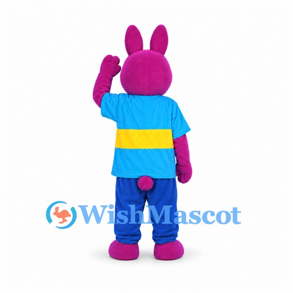 Rabbit Mascot Costume in Purple with Blue Striped Shirt