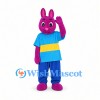 Rabbit Mascot Costume in Purple with Blue Striped Shirt