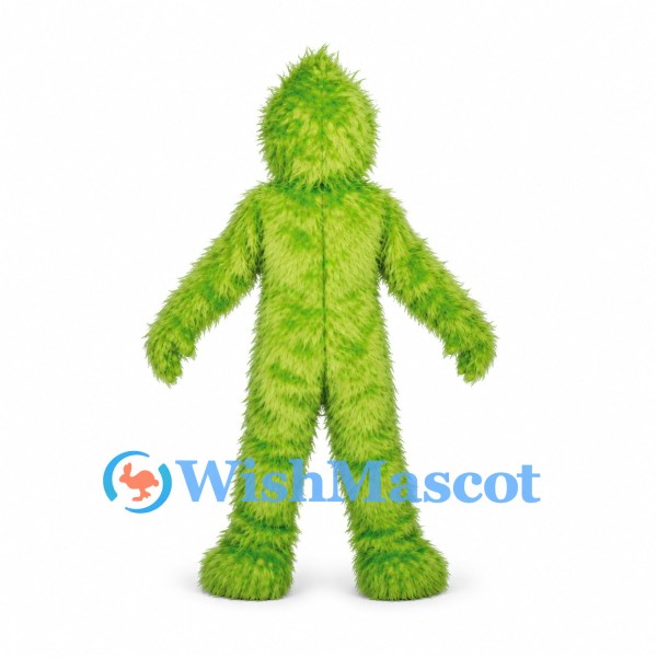 Green Monster Mascot Costume with Shaggy Fur and Frowning Face