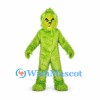Green Monster Mascot Costume with Shaggy Fur and Frowning Face