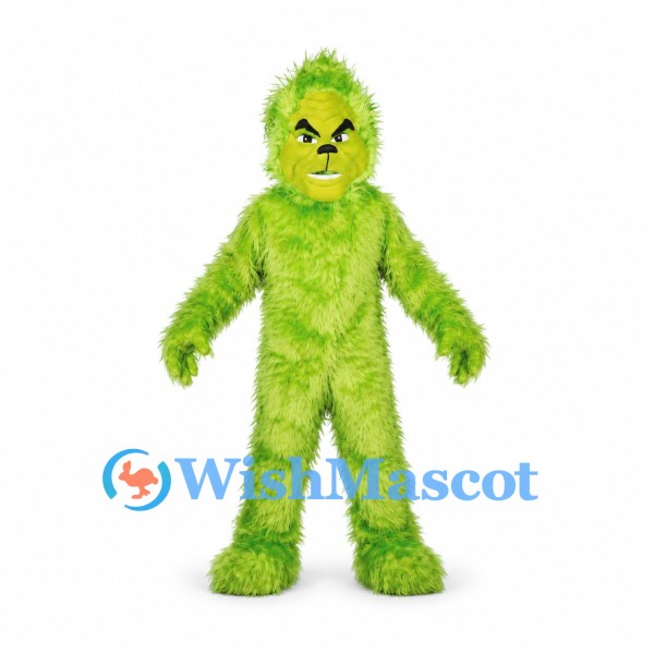 Green Monster Mascot Costume with Shaggy Fur and Frowning Face