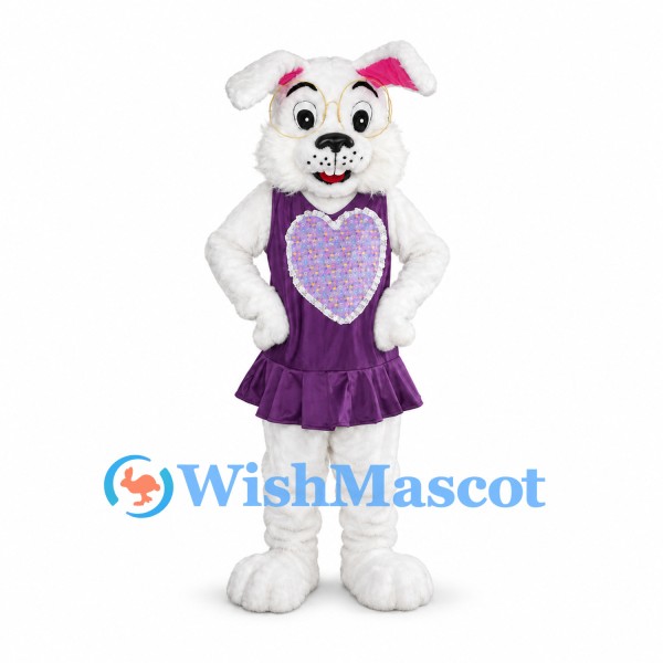 Rabbit Mascot Costume in White with Purple Heart Dress