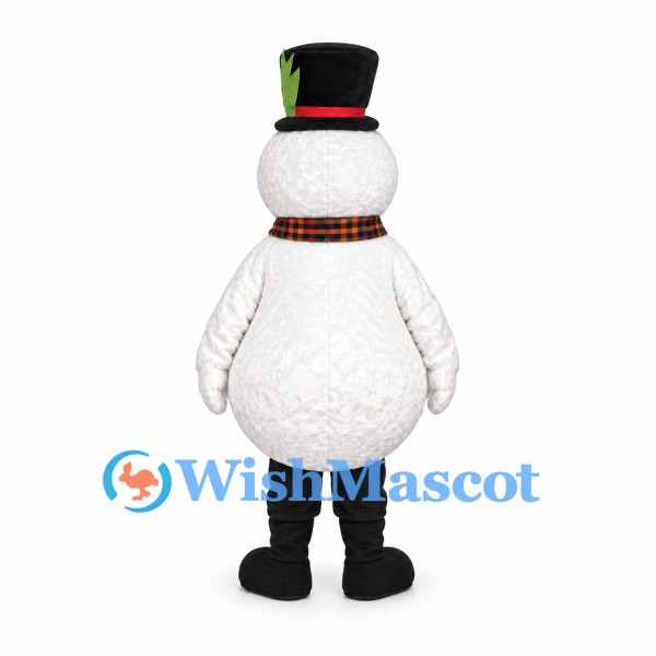 Snowman Mascot Costume with Plaid Scarf and Decorated Top Hat