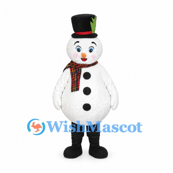 Snowman Mascot Costume with Plaid Scarf and Decorated Top Hat
