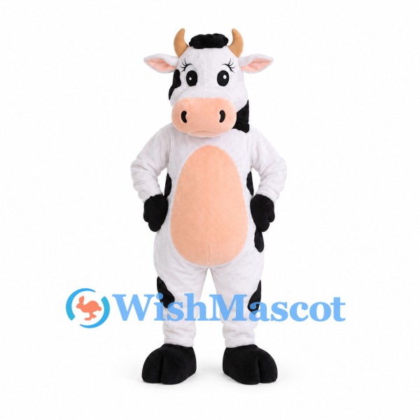 Cow Mascot Costume with Black Spots and Peach Belly