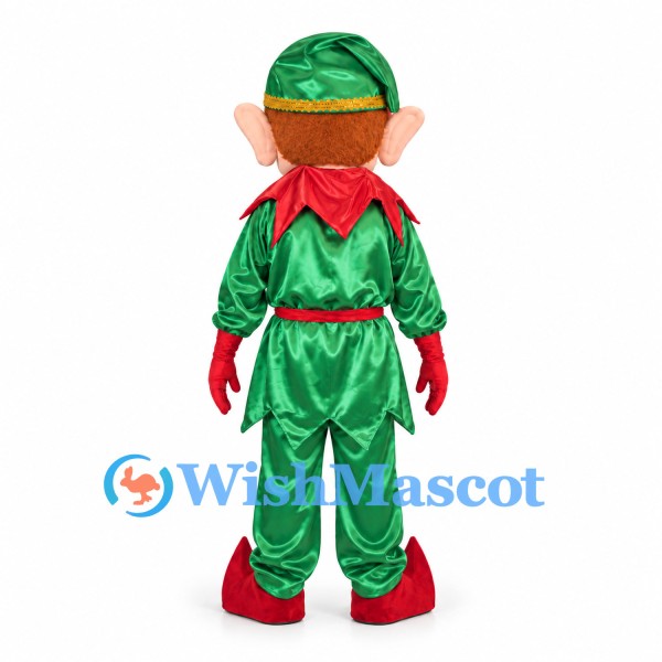 Elf Mascot Costume with Shiny Green Outfit and Red Collar