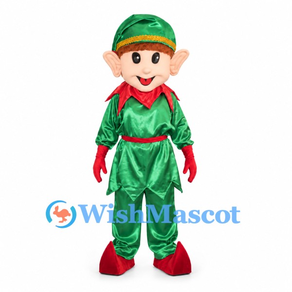 Elf Mascot Costume with Shiny Green Outfit and Red Collar
