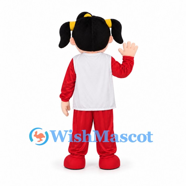 Girl Mascot Costume with Black Pigtails and Red Pants