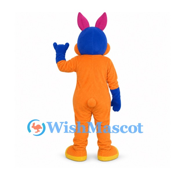 Rabbit Mascot Costume in Orange and Blue with Yellow Belly