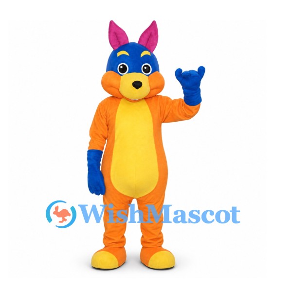 Rabbit Mascot Costume in Orange and Blue with Yellow Belly