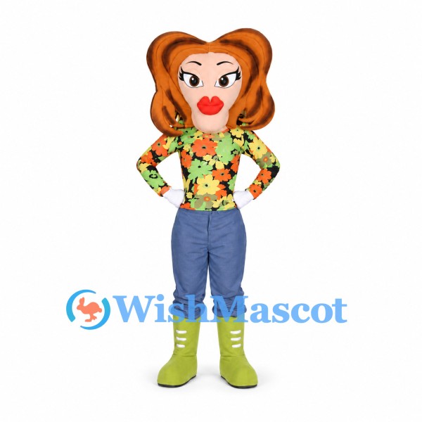 Woman Mascot Costume with Orange Hair and Floral Shirt