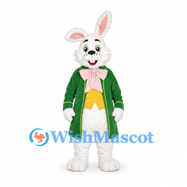 Rabbit Mascot Costume with Green Tailcoat and Pink Bow