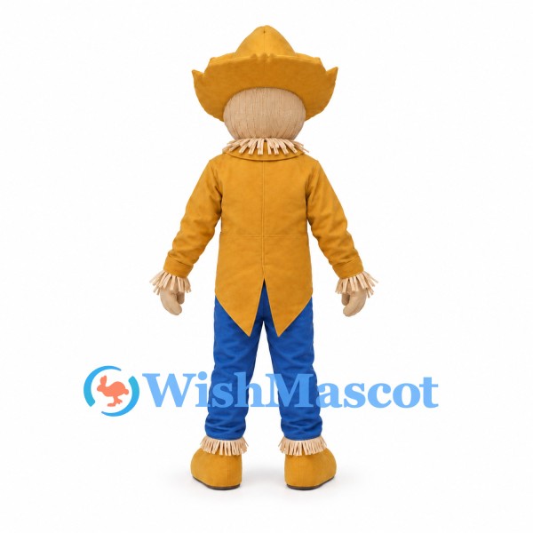 Scarecrow Mascot Costume with Straw Hat and Yellow Coat