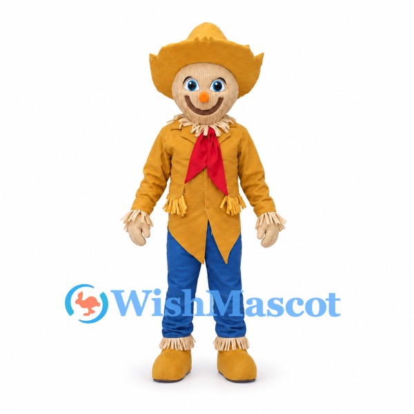 Scarecrow Mascot Costume with Straw Hat and Yellow Coat