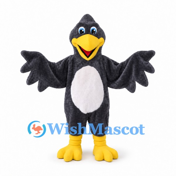 Crow Mascot Costume in Black with Gray Belly and Yellow Beak