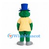 Green Monster Mascot Costume with Blue Top Hat and Yellow Shirt