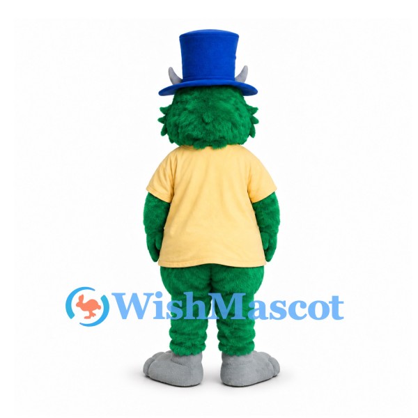 Green Monster Mascot Costume with Blue Top Hat and Yellow Shirt