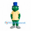 Green Monster Mascot Costume with Blue Top Hat and Yellow Shirt