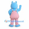 Blue Monster Mascot Costume with Pink Overalls and Curled Horns