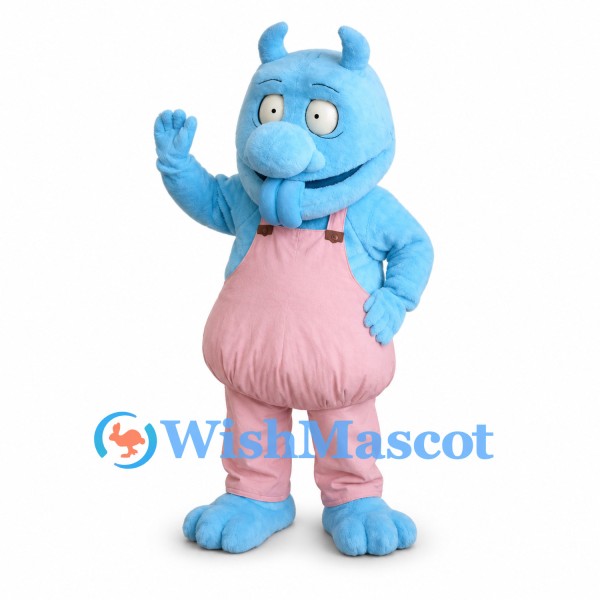 Blue Monster Mascot Costume with Pink Overalls and Curled Horns