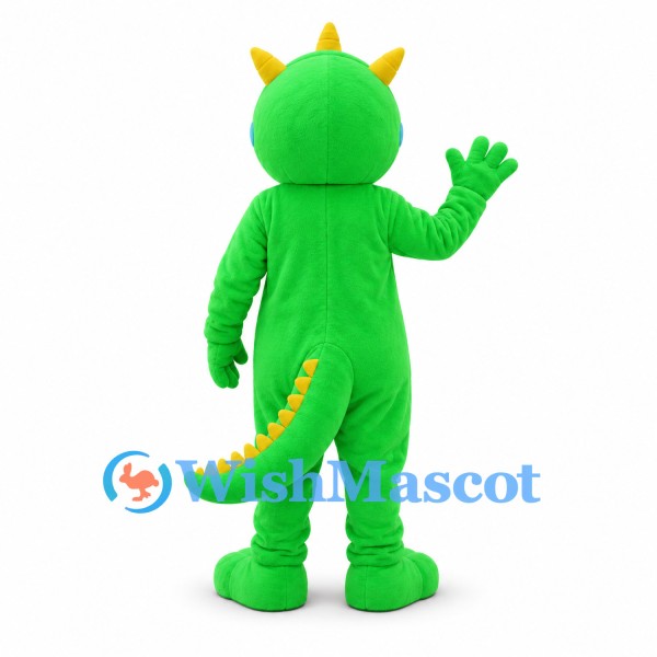 Dragon Mascot Costume in Green with Blue Belly and Yellow Horns