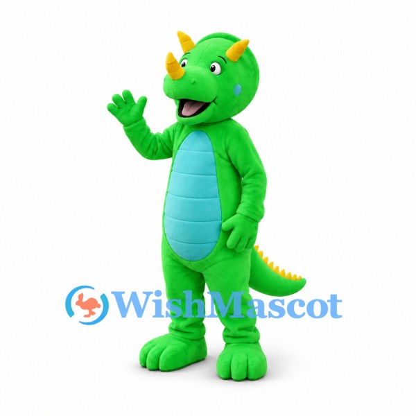 Dragon Mascot Costume in Green with Blue Belly and Yellow Horns