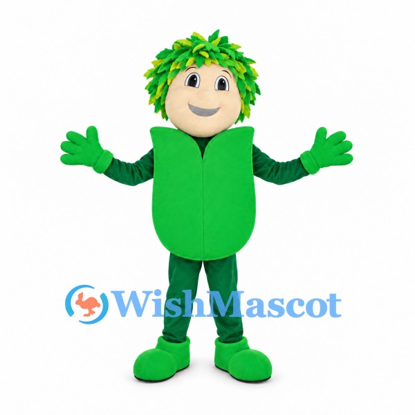 Leaf Boy Mascot Costume with Green Outfit and Leaf Hair