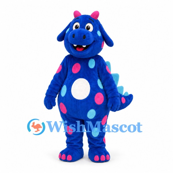 Dragon Mascot Costume in Blue with Colorful Polka Dots