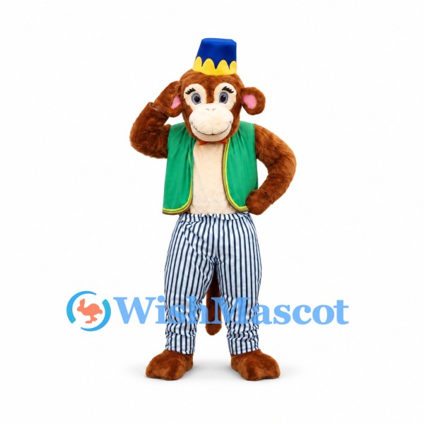 Monkey Mascot Costume with Green Vest and Striped Pants