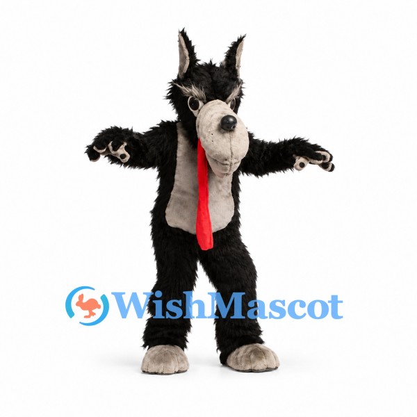 Wolf Mascot Costume in Black with Red Tie and Long Muzzle