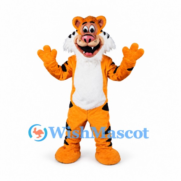 Tiger Mascot Costume in Orange with White Chest and Open Mouth