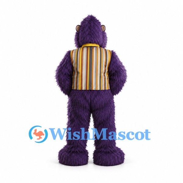 Gorilla Mascot Costume in Purple with Striped Vest and Yellow Bow