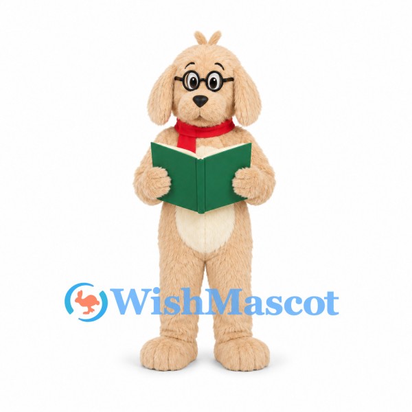 Dog Mascot Costume in Cream with Glasses and Green Book