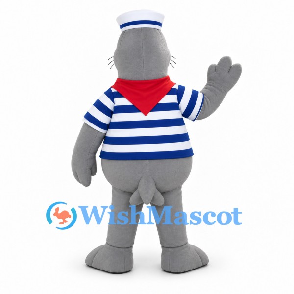 Bear Sailor Mascot Costume with Blue Striped Shirt and Red Scarf