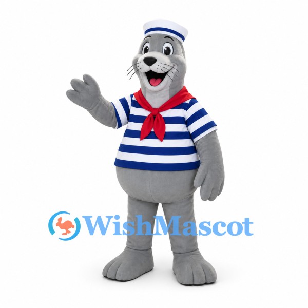 Bear Sailor Mascot Costume with Blue Striped Shirt and Red Scarf