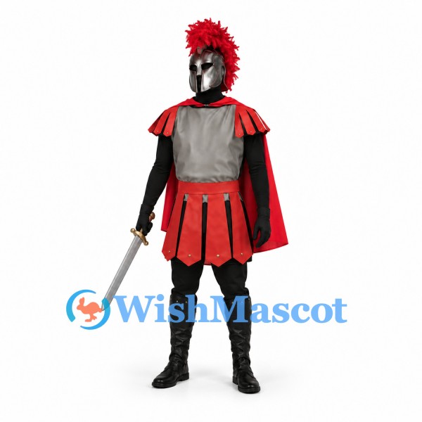 Roman Soldier Mascot Costume with Silver Armor and Red Cape