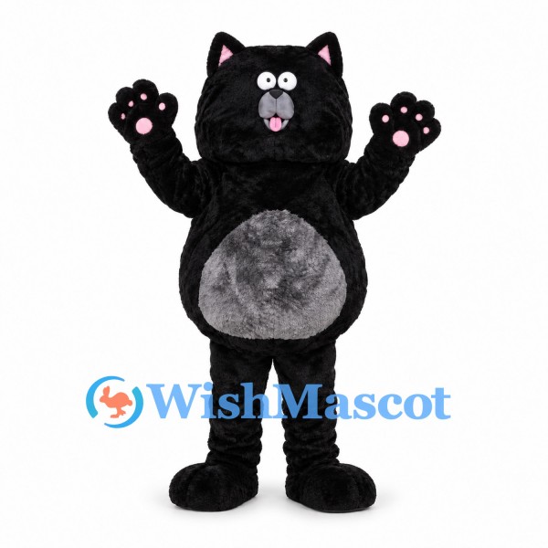 Black Cat Mascot Costume with Gray Belly and Pink Paw Pads