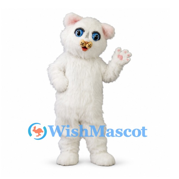 White Cat Mascot Costume with Blue Eyes and Pink Paw Pads