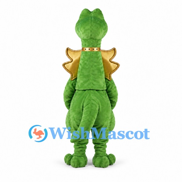 Dragon Mascot Costume in Green with Gold Spines and Red Belly Spots